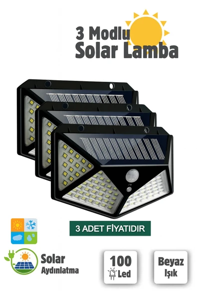 100 LED Güneş Enerjili Solar Bahçe Aydınlatma 3 Modlu Hareket Sensörlü Su Geçirmez Işık 3 ADET ürün görseli