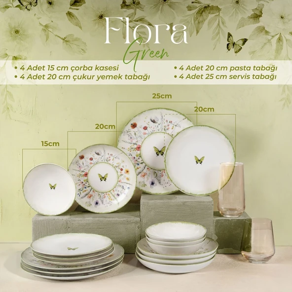 GÜRAL PORSELEN Flora Green 16 Parça 4 Kişilik Yemek Takımı 4883 - 4