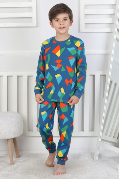 Renkli Geometrik Şekilli Erkek Çocuk Pijama Takımı - 8
