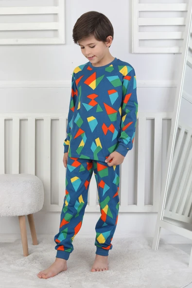 Renkli Geometrik Şekilli Erkek Çocuk Pijama Takımı - 7