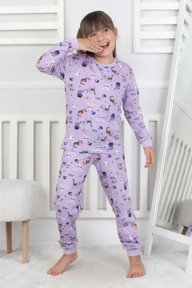 Uzun Kollu Cute Cat Desenli Kız Çocuk Pijama Takımı - Resim 4