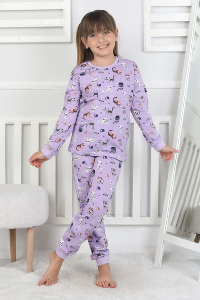 Uzun Kollu Cute Cat Desenli Kız Çocuk Pijama Takımı - Resim 2