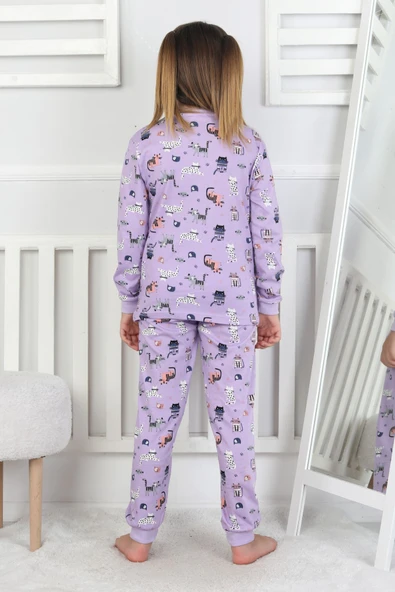 Uzun Kollu Cute Cat Desenli Kız Çocuk Pijama Takımı - Resim 9