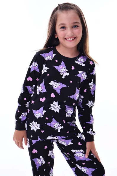 2'Li Sevimli Sky ve Mixed Kuromi Desenli Kız Çocuk Pijama Takımı - Resim 3