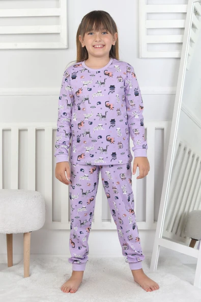 Uzun Kollu Cute Cat Desenli Kız Çocuk Pijama Takımı - Resim 5