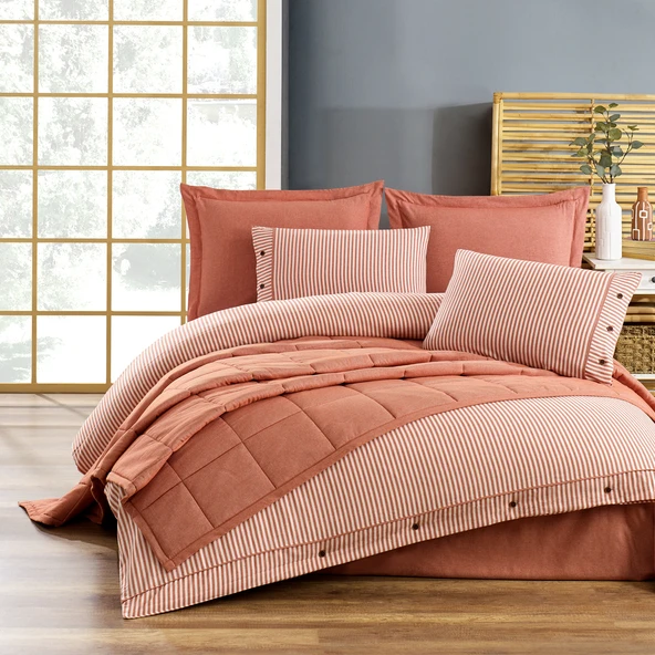 Schafer Home Loria Yatak Örtüsü Nevresim Seti 7 Parça-Turuncu - 9