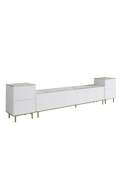 Meltem Çelik - BMdekor TV Sehpası Kozan Set Beyaz Mermer Desen Gold 260 cm - Resim 4