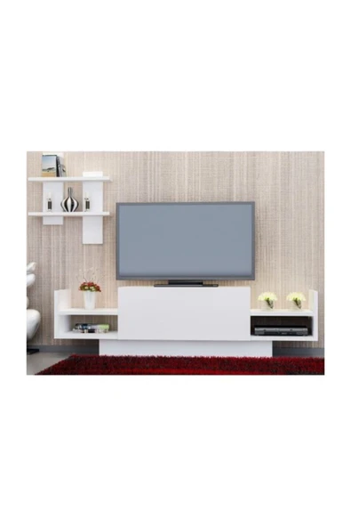 BMdekor Tv Ünitesi Mürdüm Raflı Beyaz 120 Cm - 1
