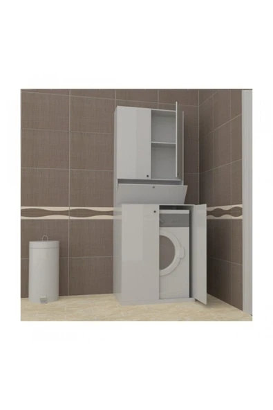 BMdekor Çamaşır Makinesi Dolabı Poyraz Alt Üst Beyaz - Resim 2