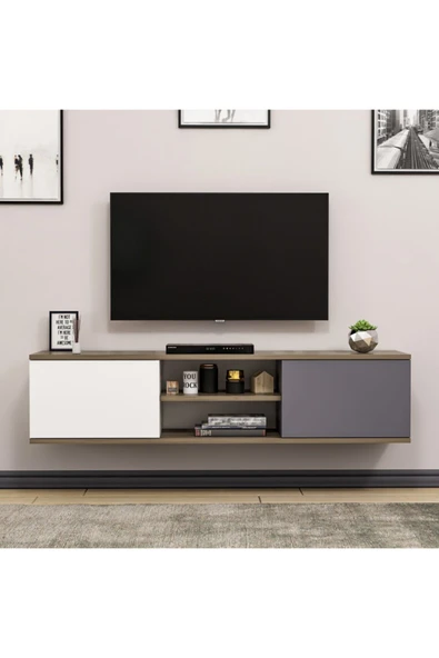 BMdekor Tv Sehpası Duvara Asma Ahu Ceviz Beyaz Antrasit