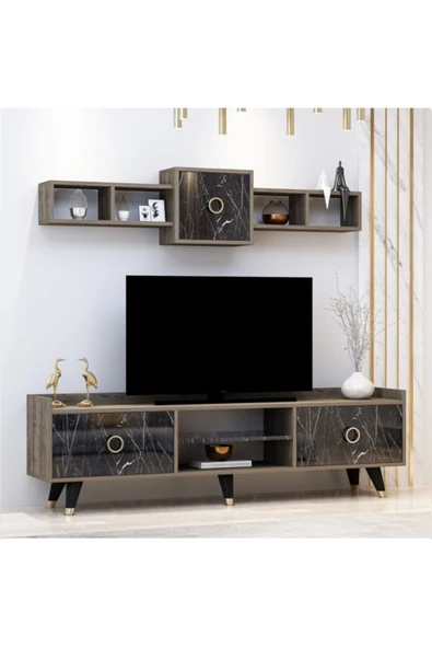 BMdekor Tv Ünitesi Greek Ceviz Siyah Mermer 180 Cm ürün görseli