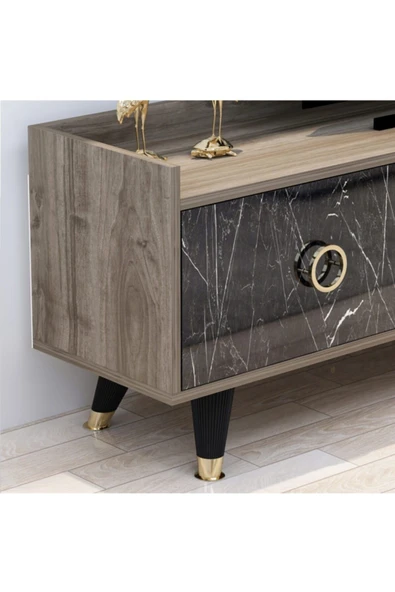 BMdekor Tv Ünitesi Greek Ceviz Siyah Mermer 180 Cm - Resim 2