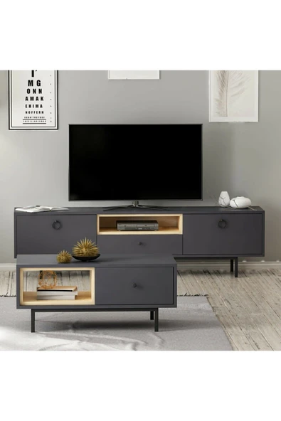 Meltem Çelik - BMdekor Tv Sehpası Doğal Antrasit Ve Orta Sehpa Set - Resim 3
