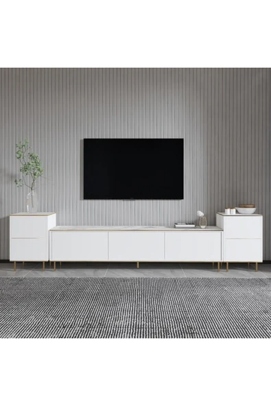 Meltem Çelik - BMdekor TV Sehpası Kozan Set Beyaz Mermer Desen Gold 260 cm - Resim 2