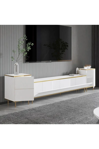 Meltem Çelik - BMdekor TV Sehpası Kozan Set Beyaz Gold 260 cm - Resim 3