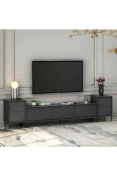 Meltem Çelik - BMdekor Tv Sehpası Kozan Set Antrasit Mermer Desen 260 Cm