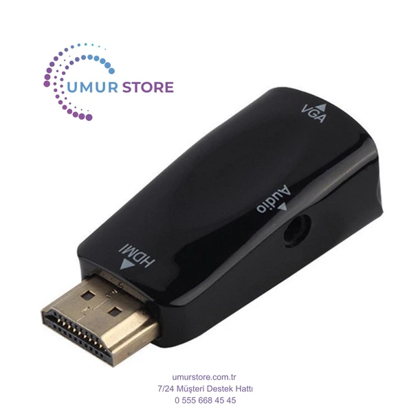 1080P HDMI Erkek - VGA Dişi Adaptör 3,5 mm Ses Çıkış Kablosu Siyah
