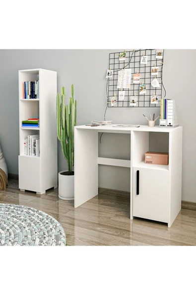 Meltem Çelik - BMdekor Çalışma Masası ve Kitaplık Set Kutay Beyaz