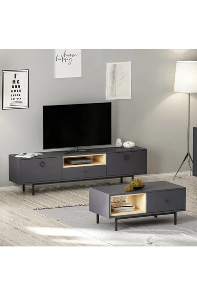 Meltem Çelik - BMdekor Tv Sehpası Doğal Antrasit Ve Orta Sehpa Set ürün görseli