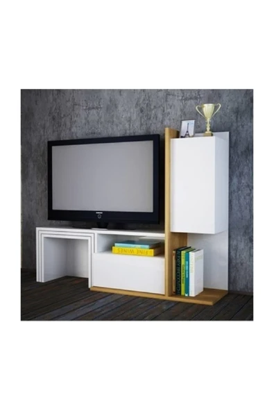 BMdekor Tv Ünitesi Bengi Sehpalı Beyaz Teak 120 Cm - 1