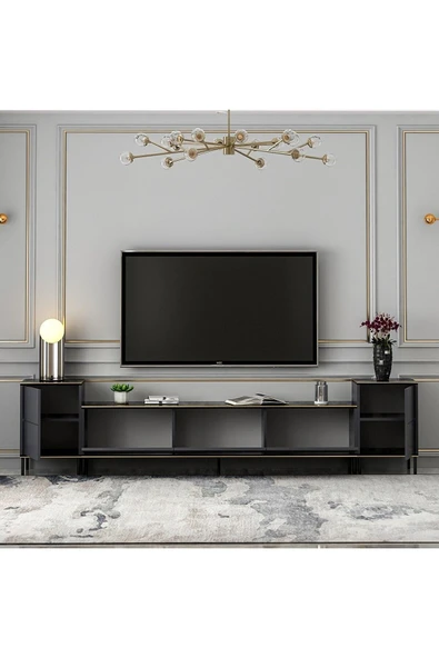 Meltem Çelik - BMdekor Tv Sehpası Kozan Set Antrasit Mermer Desen 260 Cm - 3