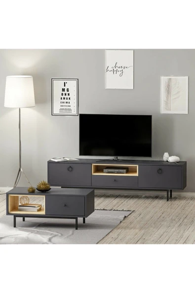 Meltem Çelik - BMdekor Tv Sehpası Doğal Antrasit Ve Orta Sehpa Set - Resim 2