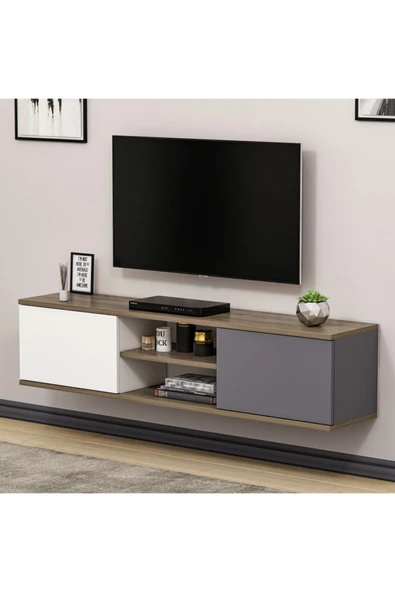 BMdekor Tv Sehpası Duvara Asma Ahu Ceviz Beyaz Antrasit - 2