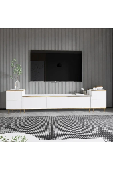 Meltem Çelik - BMdekor TV Sehpası Kozan Set Beyaz Gold 260 cm - Resim 2