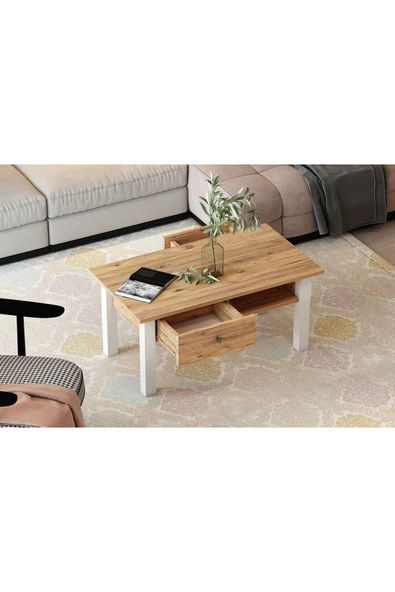 Meltem Çelik - BMdekor Orta Sehpa Loft Beyaz Antik Çam - 2