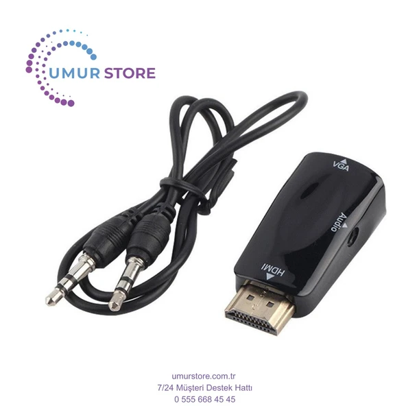 1080P HDMI Erkek - VGA Dişi Adaptör 3,5 mm Ses Çıkış Kablosu Siyah - 2