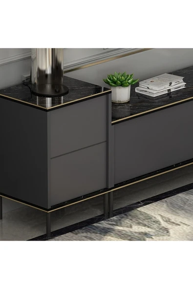 Meltem Çelik - BMdekor Tv Sehpası Kozan Set Antrasit Mermer Desen 260 Cm - 4