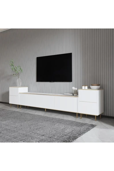Meltem Çelik - BMdekor TV Sehpası Kozan Set Beyaz Mermer Desen Gold 260 cm ürün görseli
