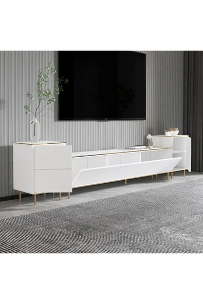 Meltem Çelik - BMdekor TV Sehpası Kozan Set Beyaz Mermer Desen Gold 260 cm - Resim 3