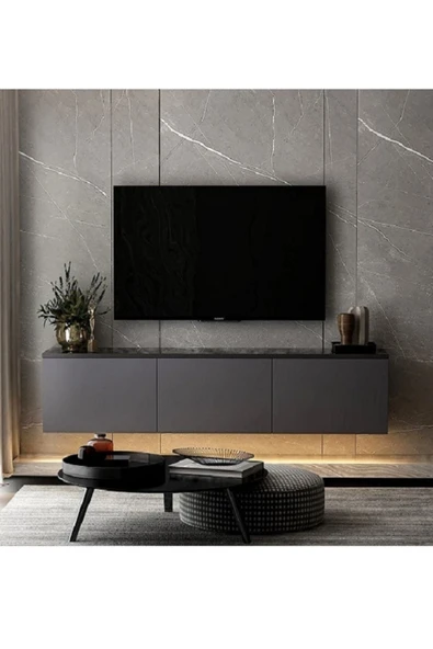 Meltem Çelik - BMdekor Tv Sehpası Norm Duvara Monte Antrasit Mermer Desen Led Işıklı 160 Cm ürün görseli