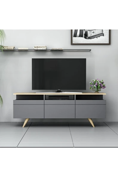 BMdekor Tv Sehpası  3 Kapak Antrasit Safir Meşe - Resim 2