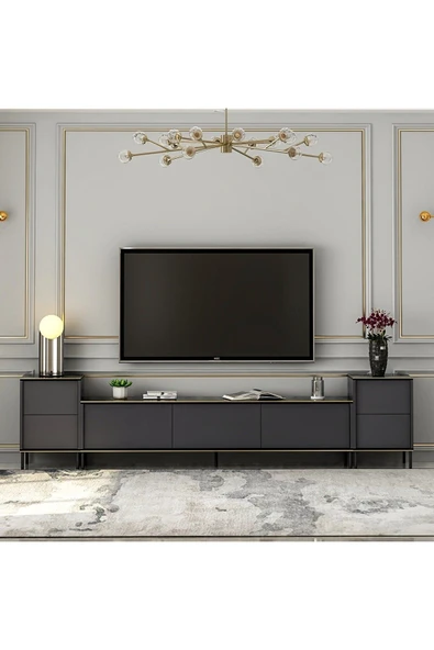 Meltem Çelik - BMdekor Tv Sehpası Kozan Set Antrasit Mermer Desen 260 Cm - 2