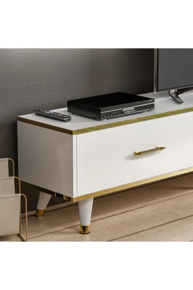 Meltem Çelik - BMdekor Tv Ünitesi Avon Beyaz Gold Ledli 180 Cm - Resim 3