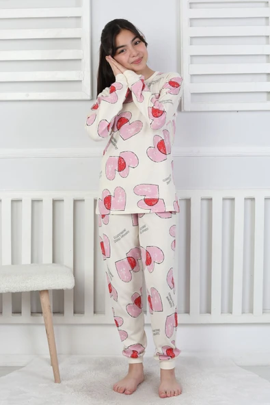 Tangled Hearts Desenli Kız Çocuk Pijama Takımı 8-13 - Resim 4