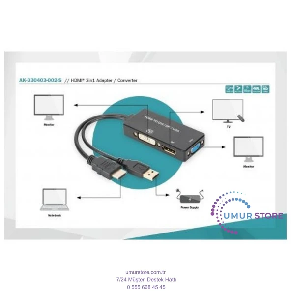 HDMI 3'den 1'e Dönüştürme Kablosu HDMI Converter Cable, HDMI - Dp+Dvı+Vga M-F/f/f, 0.2m, 3 In 1 Multi-Media - 3