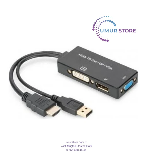 HDMI 3'den 1'e Dönüştürme Kablosu HDMI Converter Cable, HDMI - Dp+Dvı+Vga M-F/f/f, 0.2m, 3 In 1 Multi-Media - 1