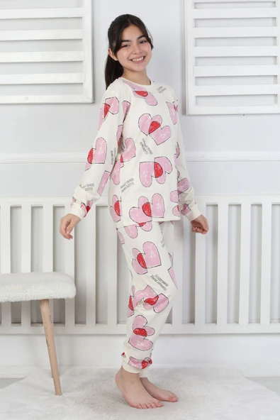 Tangled Hearts Desenli Kız Çocuk Pijama Takımı 8-13 - Resim 3