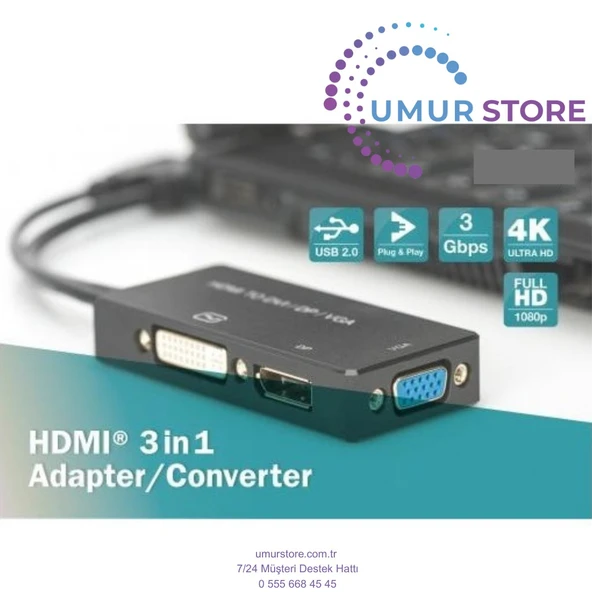 HDMI 3'den 1'e Dönüştürme Kablosu HDMI Converter Cable, HDMI - Dp+Dvı+Vga M-F/f/f, 0.2m, 3 In 1 Multi-Media - 2