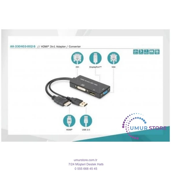 HDMI 3'den 1'e Dönüştürme Kablosu HDMI Converter Cable, HDMI - Dp+Dvı+Vga M-F/f/f, 0.2m, 3 In 1 Multi-Media - 4