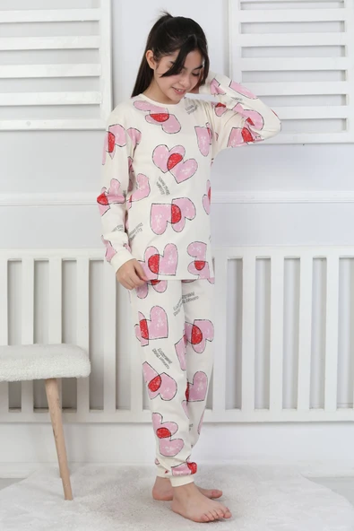 Tangled Hearts Desenli Kız Çocuk Pijama Takımı 8-13 - Resim 2