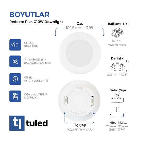 Tuled Redeem Plus C10W Downlight, Titreşimsiz, Göz Konforu, Tekli - 3