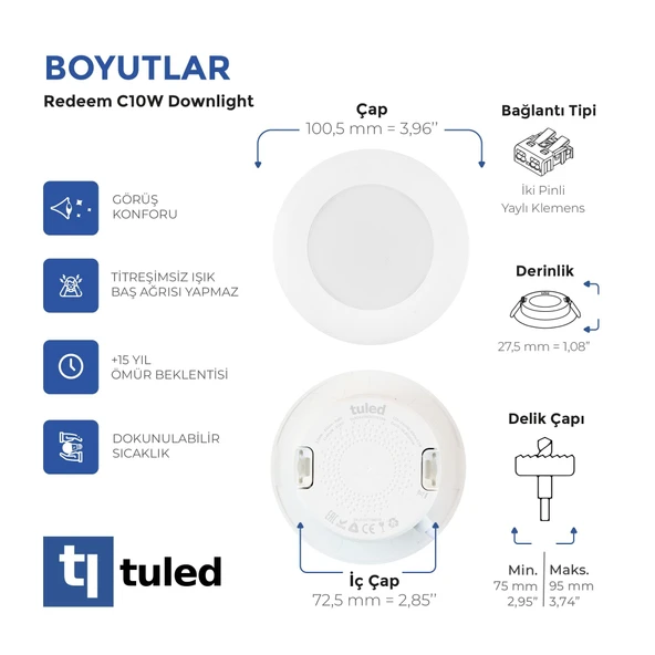 Tuled Redeem C10W Downlight, Titreşimsiz, Göz Konforu, Tekli - 3