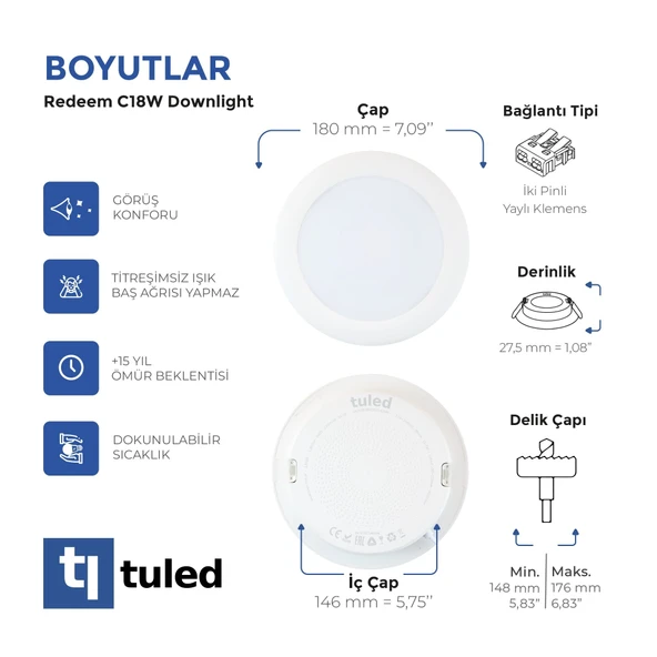 Tuled Redeem C18W Downlight, Titreşimsiz, Göz Konforu, Tekli - 3