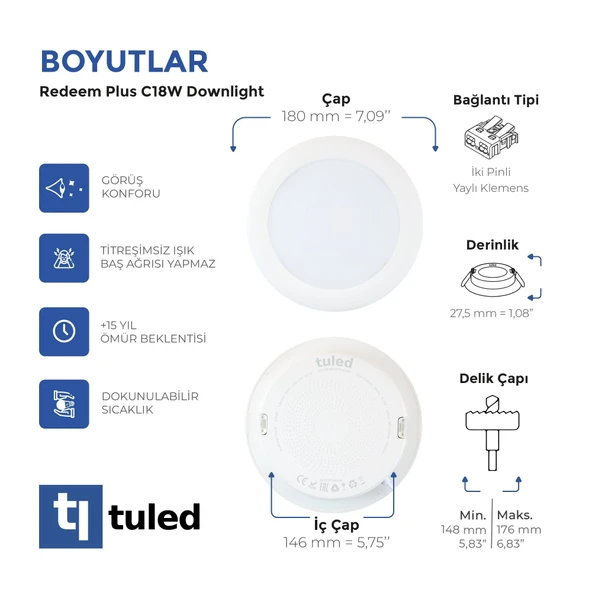 Tuled Redeem Plus C18W Downlight, Titreşimsiz, Göz Konforu, Tekli - 3