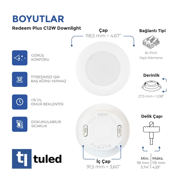 Tuled Redeem Plus C12W Downlight, Titreşimsiz, Göz Konforu, Tekli - 3