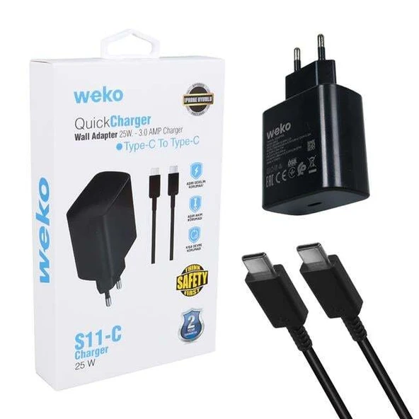 Weko Wk-26523 S11-C 25 Watt Siyah Şarj Başlık Adaptörü + Type-C To Type-C Kablo ürün görseli 1